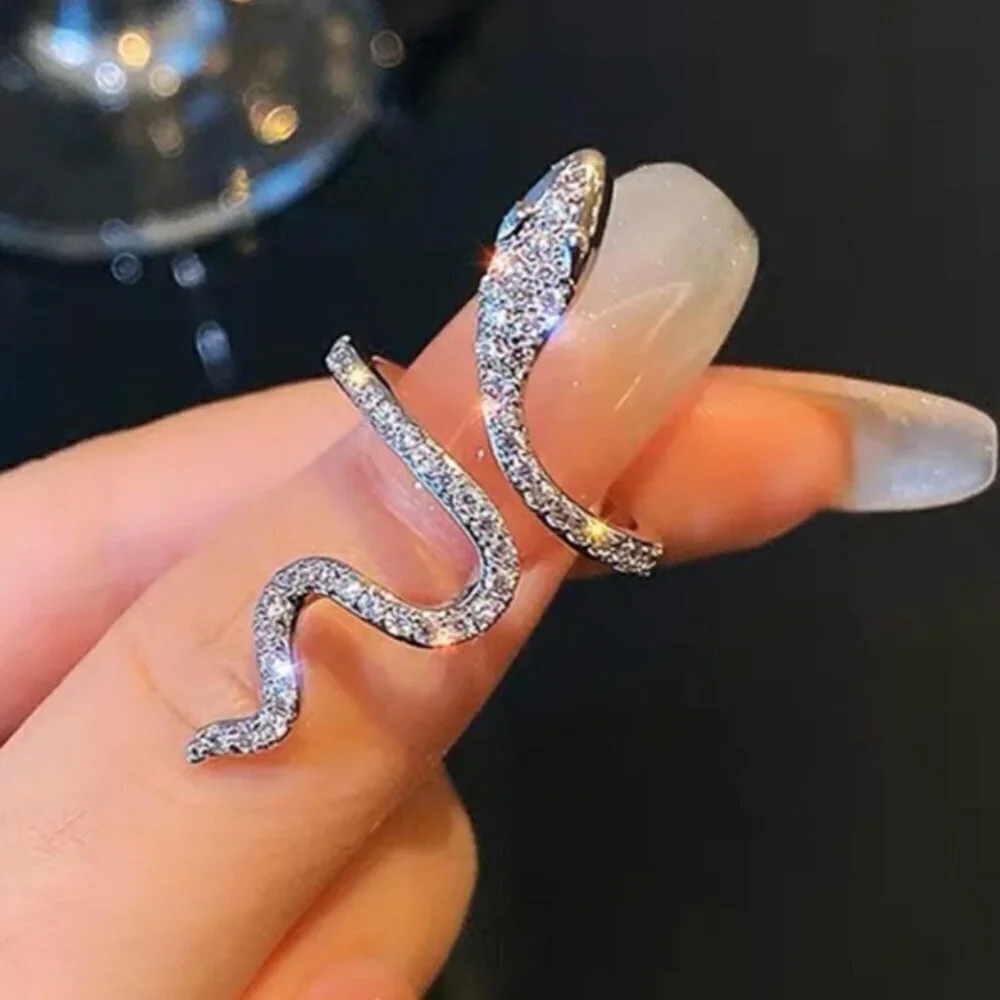 Snake Ring Silver with Rhinestones Adjustable One Size
